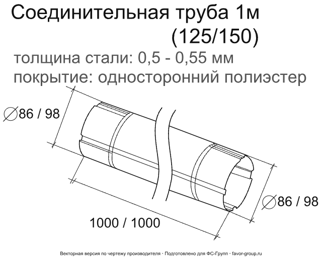 Труба круглая соединительная d-90 мм 1 м ГрандЛайн GL PE Полиэстер двухсторонний 0,55 в Санкт-Петербурге фото чертёж