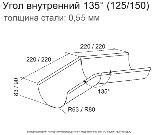 Угол желоба внутренний d-125 мм 135° ГрандЛайн GL PU Полиуретан 0,6 в Санкт-Петербурге фото чертёж