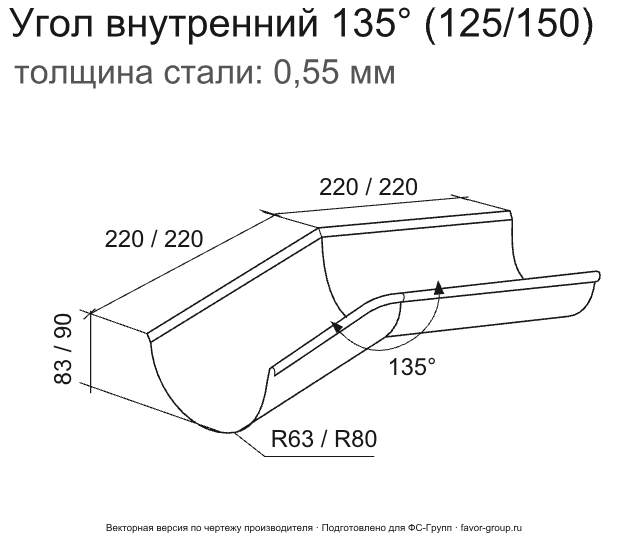 Угол желоба внутренний d-125 мм 135° ГрандЛайн GL PU Полиуретан 0,6 в Санкт-Петербурге фото чертёж