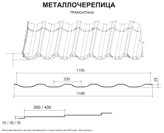Металлочерепица Металл Профиль Трамонтана Purman 0,5 RAL 5005 (сигнально-синий) чертёж