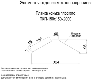 Планка конька плоского Металл Профиль 150x150x2000 Цинк 0,45