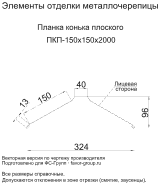 Планка конька плоского Металл Профиль 150x150x2000 Norman 0,5 в Санкт-Петербурге фото чертёж
