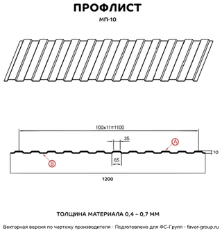 Профлист Металл Профиль МП10 Norman 0,5 RAL 6019 (бело-зелёный) чертёж