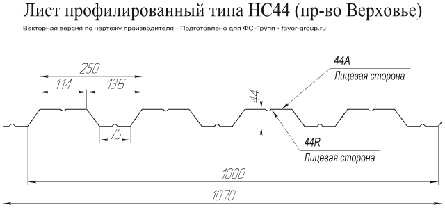Профлист Гранд Лайн (Grand Line) НС44 PurPro Matt 0,5 RR 32 чертёж