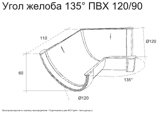 Угол желоба универсальный d-120 мм 135° ПВХ ГрандЛайн Классика в Санкт-Петербурге фото чертёж