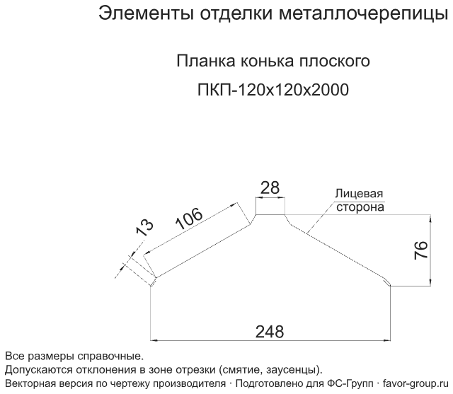 Планка конька плоского Металл Профиль 120x120x2000 Полиэстер 0,45 в Санкт-Петербурге фото чертёж
