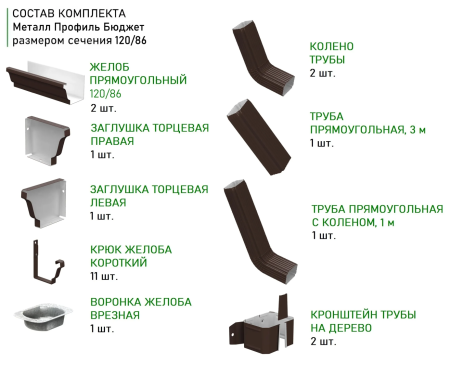 Комплект металлического водостока Металл Профиль Бюджет 120x86 мм 6 м/3 м Полиэстер RAL 8017 в Санкт-Петербурге фото