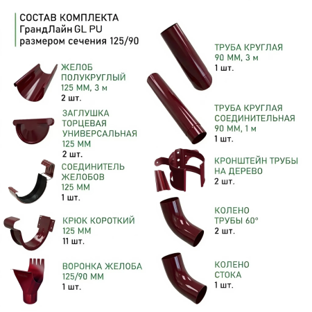 Комплект металлического водостока ГрандЛайн GL PU d-125x90 мм 6 м/3 м Полиуретан RAL 3005 в Санкт-Петербурге фото