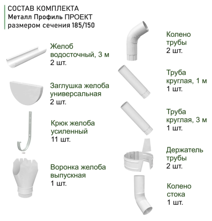 Комплект металлического водостока d-185x150 мм 6 м/3 м Металл Профиль Проект Полиэстер RAL 9003 в Санкт-Петербурге фото