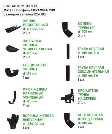 Комплект металлического водостока d-125x100 мм Металл Профиль FORAMINA PUR Purman двухсторонний RAL 9005 в Санкт-Петербурге фото