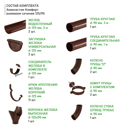 Комплект металлического водостока Аквасистем Комфорт d-125x90 мм 6 м/3 м Полиэстер 0,55 RAL 8017 в Санкт-Петербурге фото