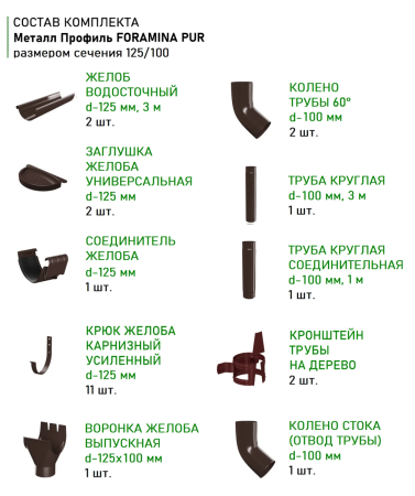 Комплект металлического водостока d-125x100 мм Металл Профиль FORAMINA PUR Purman двухсторонний RAL 8017 в Санкт-Петербурге фото
