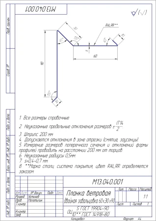Планка ветровая для мягкой кровли двойная завальцовка Grand Line 60x30x90 0,45 Полиэстер цвет RAL 9006