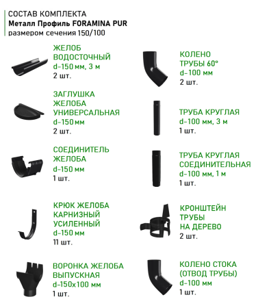 Комплект металлического водостока d-150x100 мм Металл Профиль FORAMINA PUR Purman двухсторонний RAL 9005 в Санкт-Петербурге фото