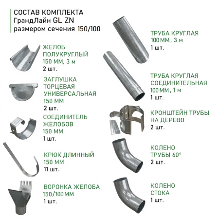 Комплект металлического водостока ГрандЛайн GL ZN d-150x100 мм 6 м/3 м Оцинкованный в Санкт-Петербурге фото