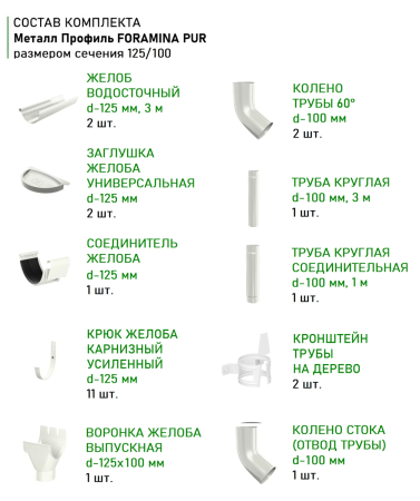 Комплект металлического водостока d-125x100 мм Металл Профиль FORAMINA PUR Purman двухсторонний RAL 9010 в Санкт-Петербурге фото