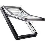 Кровельное окно с белой рамой и центральной осью поворота в открытом положении