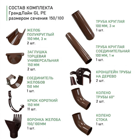 Комплект металлического водостока ГрандЛайн GL PU d-150x100 мм 6 м/3 м Полиуретан RAL 8017 в Санкт-Петербурге фото