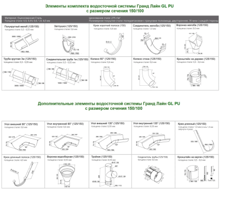 Комплект металлического водостока ГрандЛайн GL PU d-150x100 мм 6 м/3 м Полиуретан RAL 8017 в Санкт-Петербурге фото