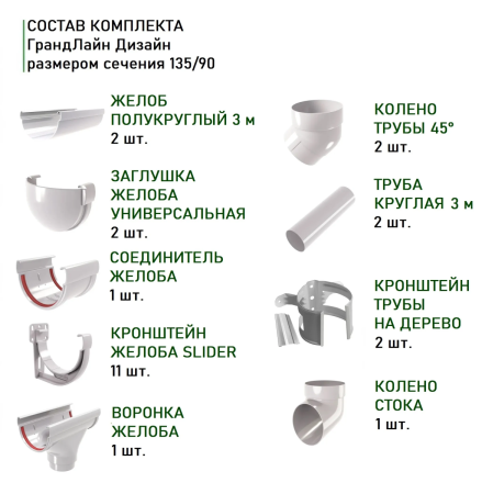 Комплект пластикового водостока d-135/90 мм ГрандЛайн Дизайн белый RAL 9003 в Санкт-Петербурге фото