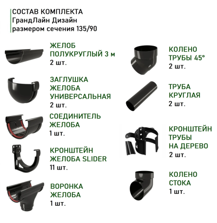 Комплект пластикового водостока d-135/90 мм ГрандЛайн Дизайн черный RAL 9005 в Санкт-Петербурге фото