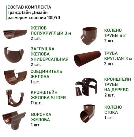 Комплект пластикового водостока d-135/90 мм ГрандЛайн Дизайн шоколадный RAL 8017 в Санкт-Петербурге фото