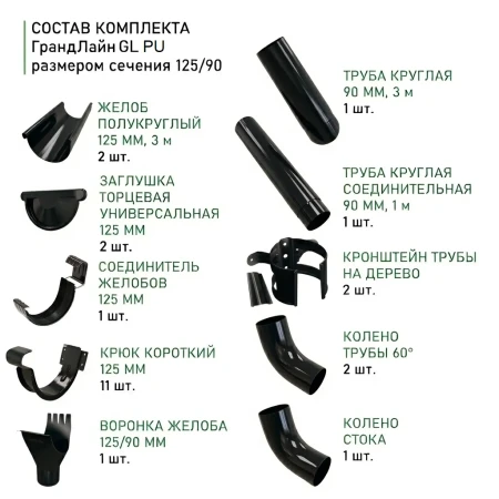 Комплект металлического водостока ГрандЛайн GL PU d-125x90 мм 6 м/3 м Полиуретан RAL 9005 в Санкт-Петербурге фото