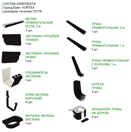 Комплект металлического водостока ГрандЛайн Vortex Matt 127x78 мм Полиэстер Matt RAL 9005 в Санкт-Петербурге фото