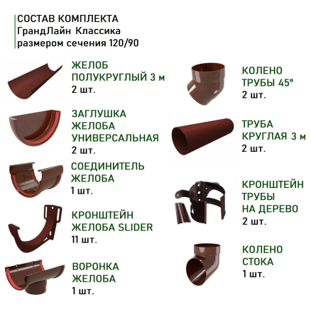 Комплект пластикового водостока d-120/90 мм ГрандЛайн Классика шоколадный RAL 8017 в Санкт-Петербурге фото