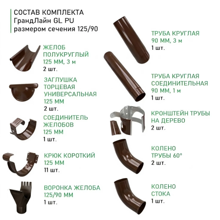 Комплект металлического водостока ГрандЛайн GL PU d-125x90 мм 6 м/3 м Полиуретан RR 32 в Санкт-Петербурге фото