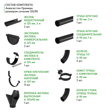 Комплект металлического водостока Аквасистем Премиум d-125x90 мм 6 м/3 м PU Matt RAL 9005 в Санкт-Петербурге фото