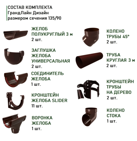 Комплект пластикового водостока d-135/90 мм ГрандЛайн Дизайн коричневый RR 32 в Санкт-Петербурге фото