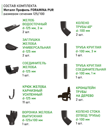 Комплект металлического водостока d-125x100 мм Металл Профиль FORAMINA PUR Purman двухсторонний RR 32 в Санкт-Петербурге фото