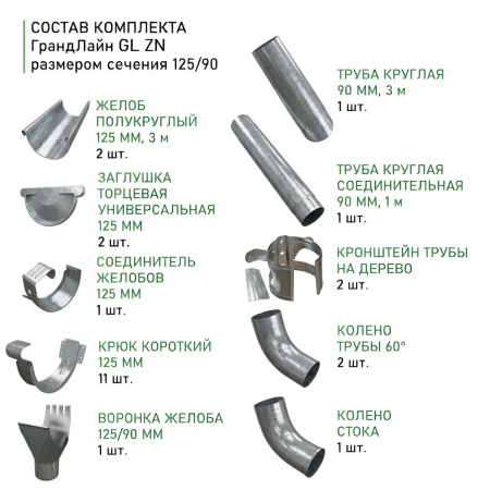 Комплект металлического водостока ГрандЛайн GL ZN d-125x90 мм 6 м/3 м Оцинкованный в Санкт-Петербурге фото