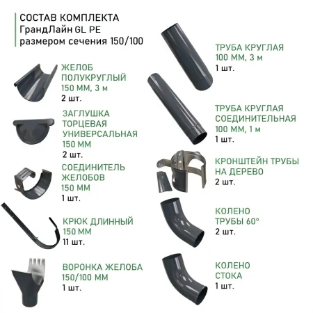 Комплект металлического водостока Grand Line GL PE d-150x100 мм 6 м/3 м Полиэстер двухсторонний RAL 7024 в Санкт-Петербурге фото