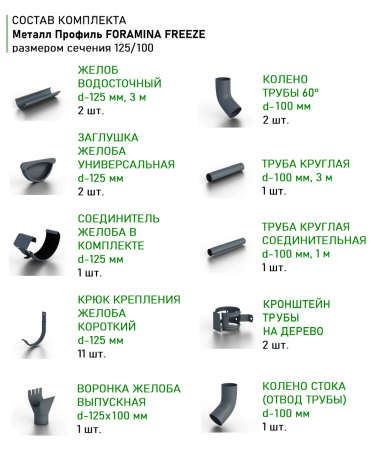 Комплект металлического водостока d-125x100 мм Металл Профиль FORAMINA FREEZE Valori двухсторонний Grey в Санкт-Петербурге фото