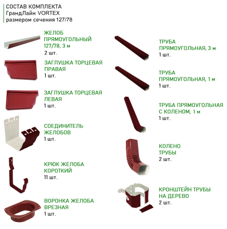 Металлический водосток (комплект) Grand Line Vortex d-127x78 мм Полиэстер RAL 3005 в Санкт-Петербурге фото