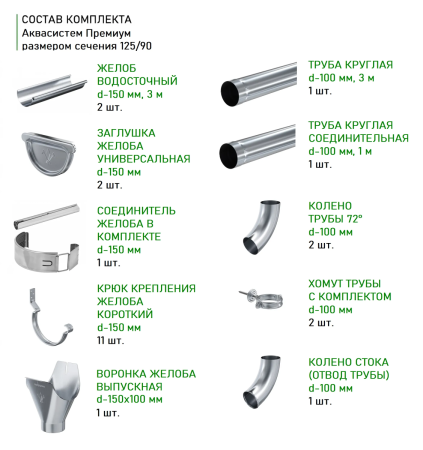 Комплект металлического водостока Аквасистем Премиум d-125x90 мм 6 м/3 м Оцинкованный в Санкт-Петербурге фото